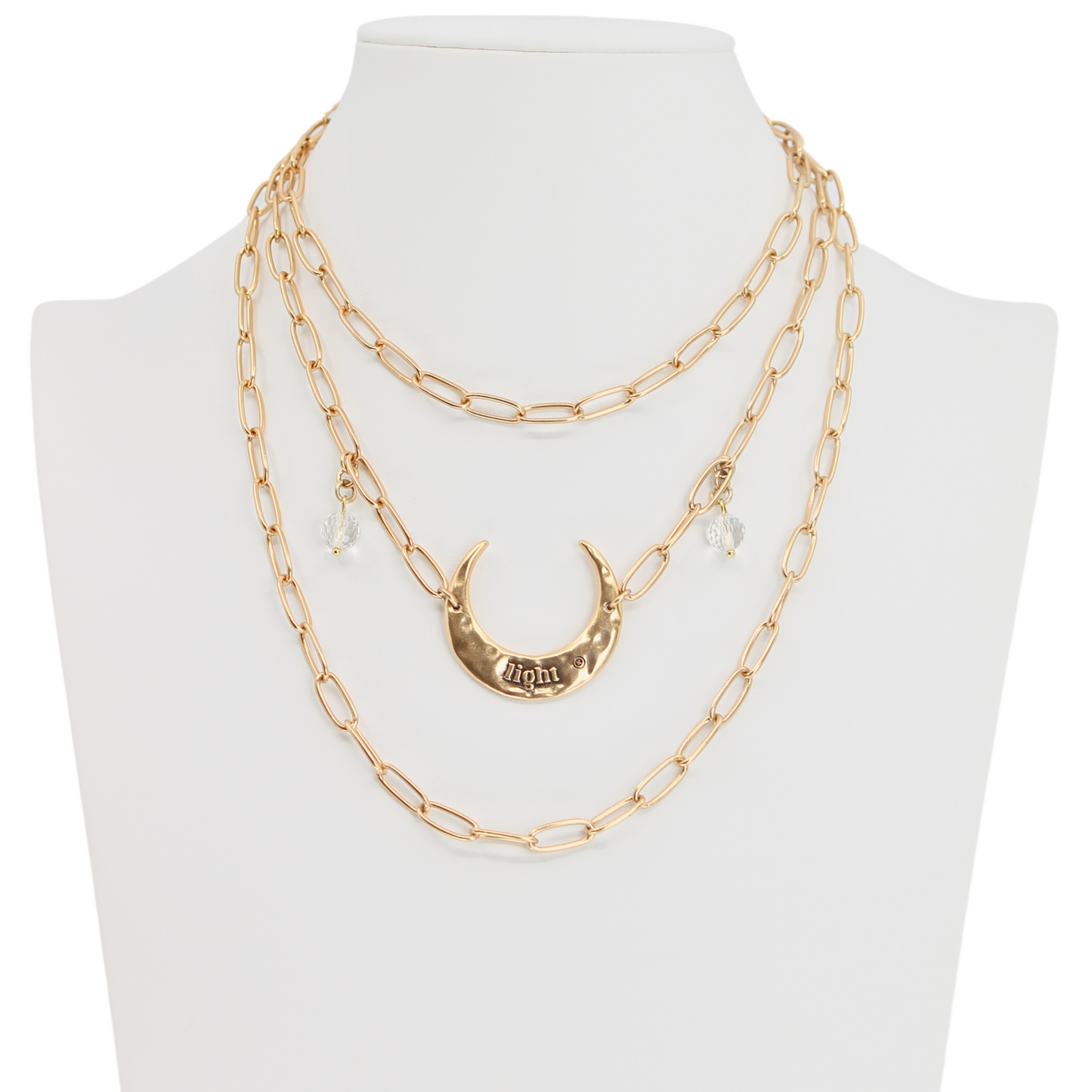 Crescent Light Long Chain Necklace — Quartz + Antique Gold or Silver