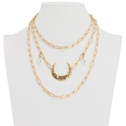 Crescent Light Long Chain Necklace — Quartz + Antique Gold or Silver