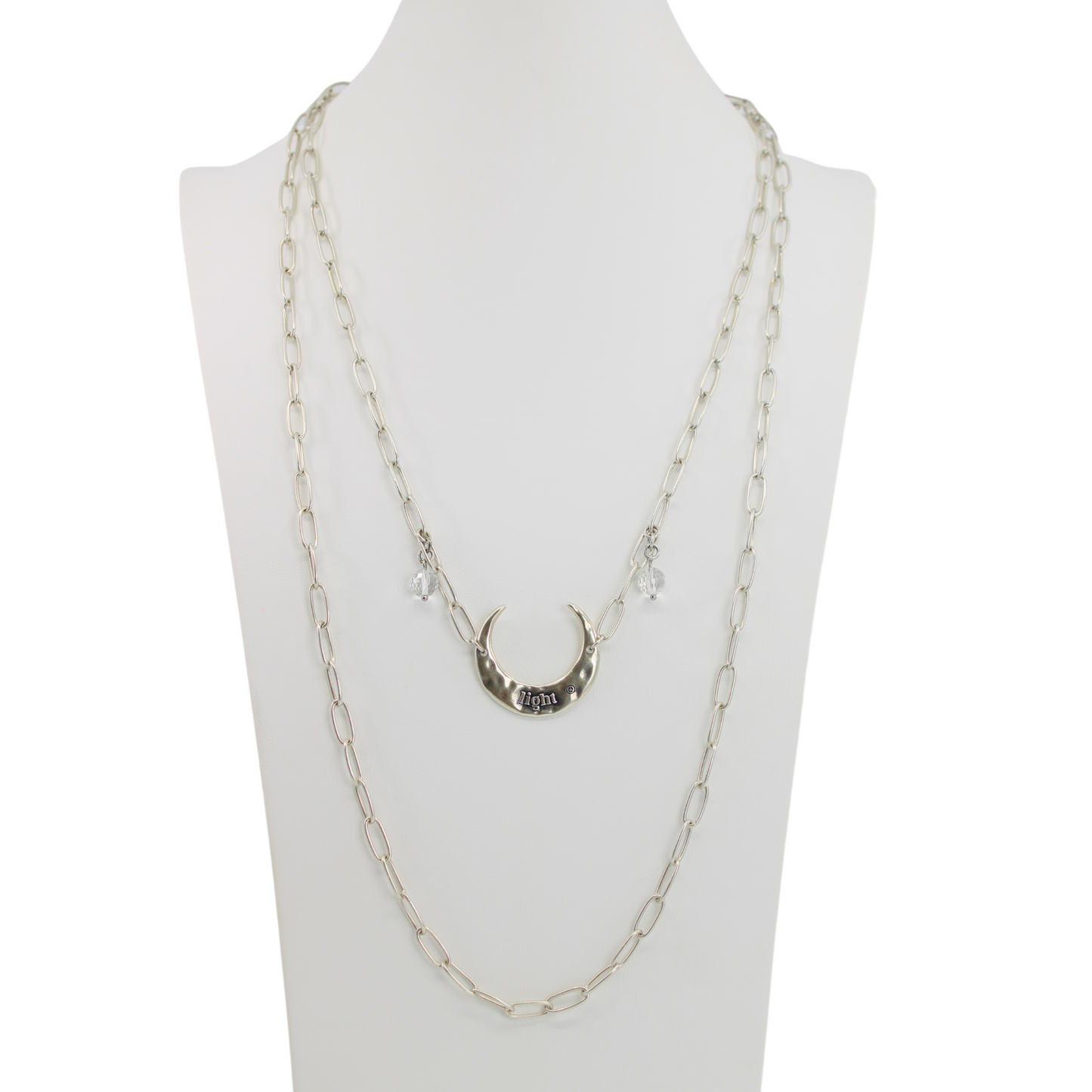 Crescent Light Long Chain Necklace — Quartz + Antique Gold or Silver