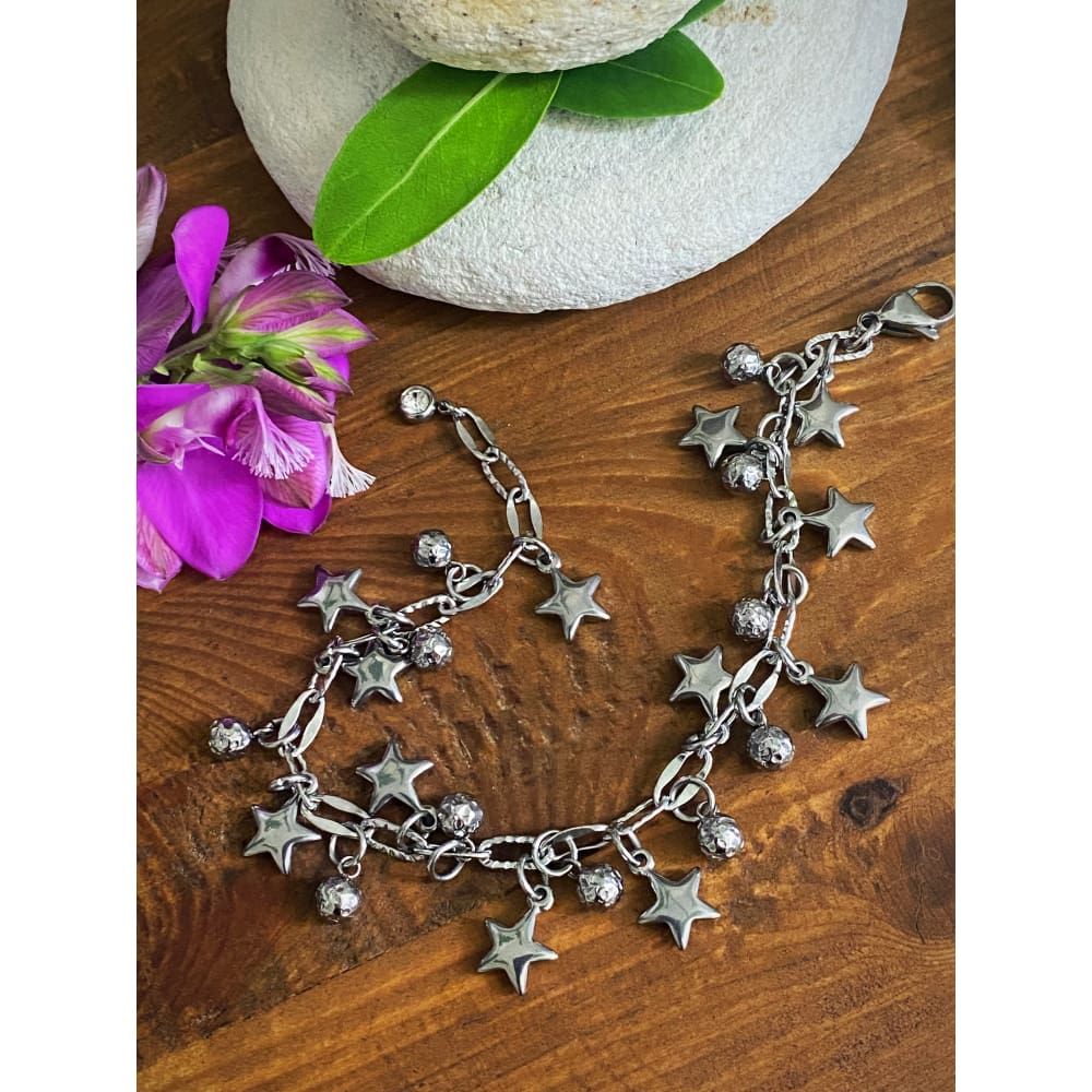 Silver Star Charm Bracelet — Textured Chain