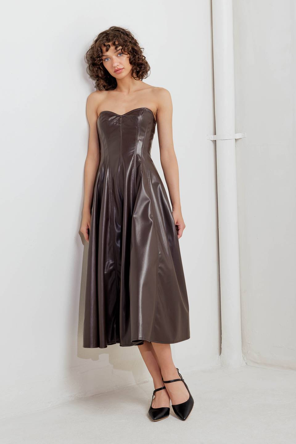 Faux Leather Sweetheart Midi Dress — Espresso