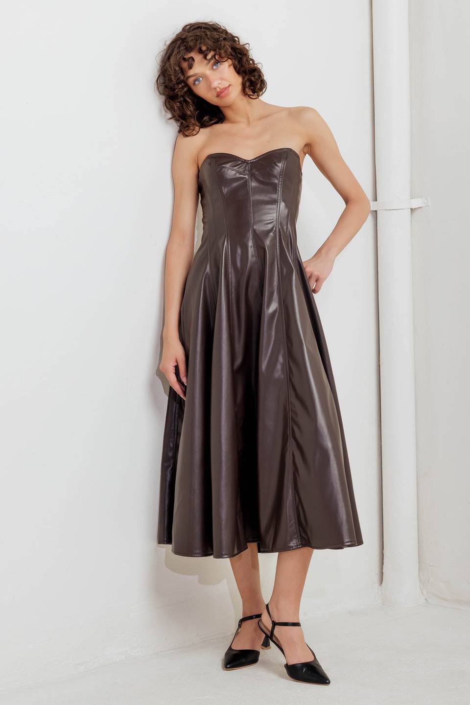 Faux Leather Sweetheart Midi Dress — Espresso
