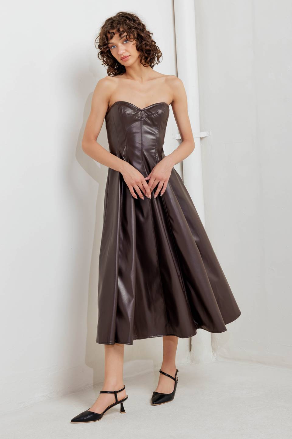 Faux Leather Sweetheart Midi Dress — Espresso