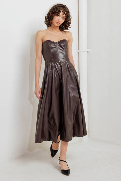 Faux Leather Sweetheart Midi Dress — Espresso
