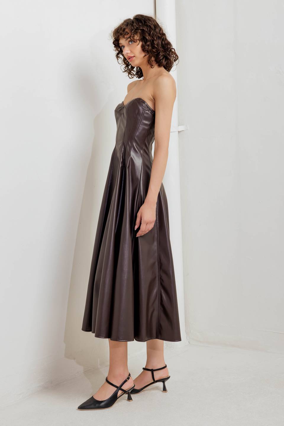 Faux Leather Sweetheart Midi Dress — Espresso