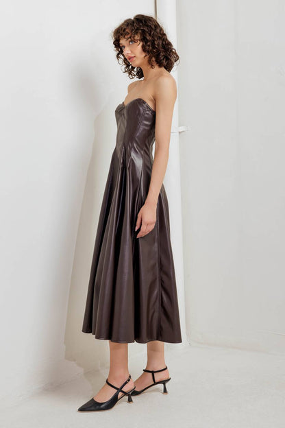 Faux Leather Sweetheart Midi Dress — Espresso