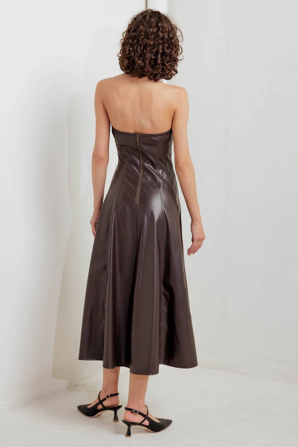 Faux Leather Sweetheart Midi Dress — Espresso