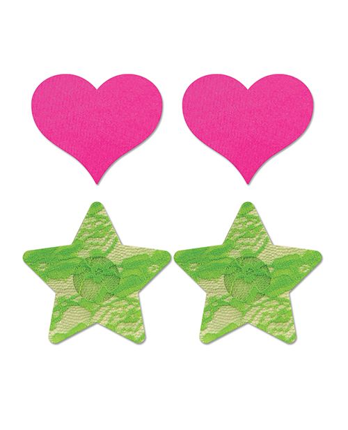 Neon Heart & Star Pasties Set — Pink Satin + Green Lace 🌙