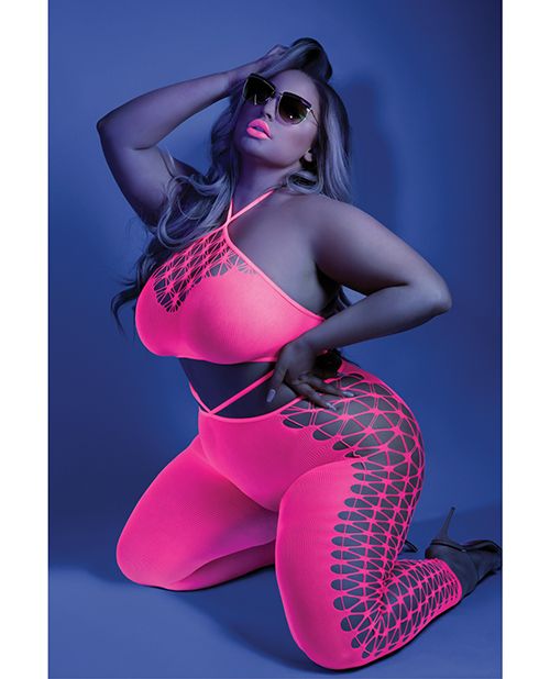 Neon Signal Glow Cutout Halter Bodysuit — Blacklight Pink 🌙