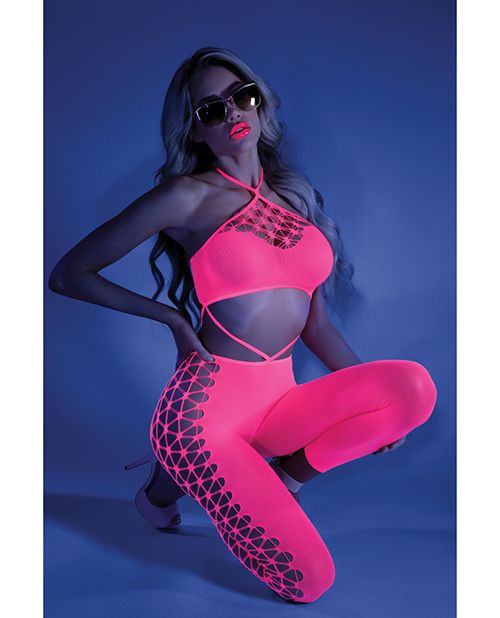 Neon Signal Glow Cutout Halter Bodysuit — Blacklight Pink 🌙