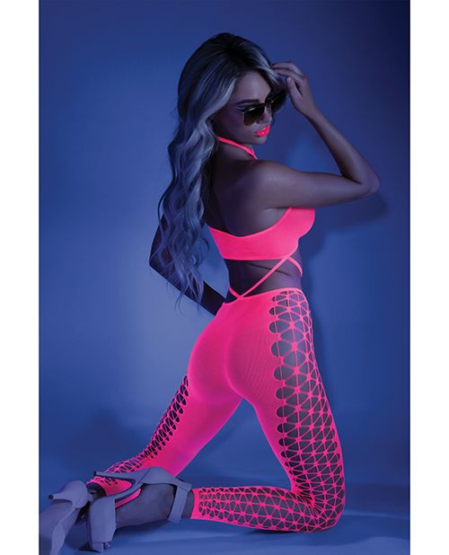 Neon Signal Glow Cutout Halter Bodysuit — Blacklight Pink 🌙