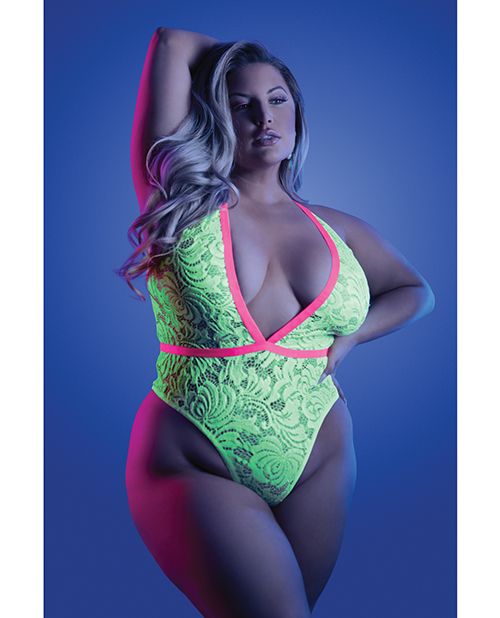 Neon Voltage Lace Teddy — UV Reactive 🌙 Cutback Bodysuit