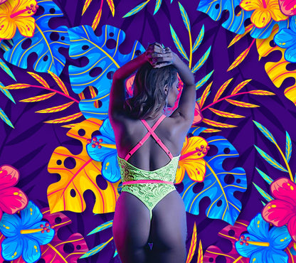 Neon Voltage Lace Teddy — UV Reactive 🌙 Cutback Bodysuit