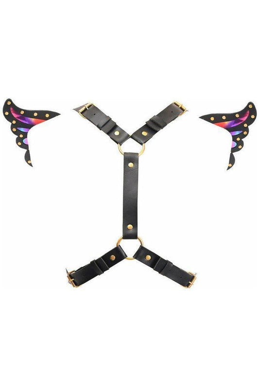 Black Faux Leather & Rainbow Holo Butterfly Wing Harness
