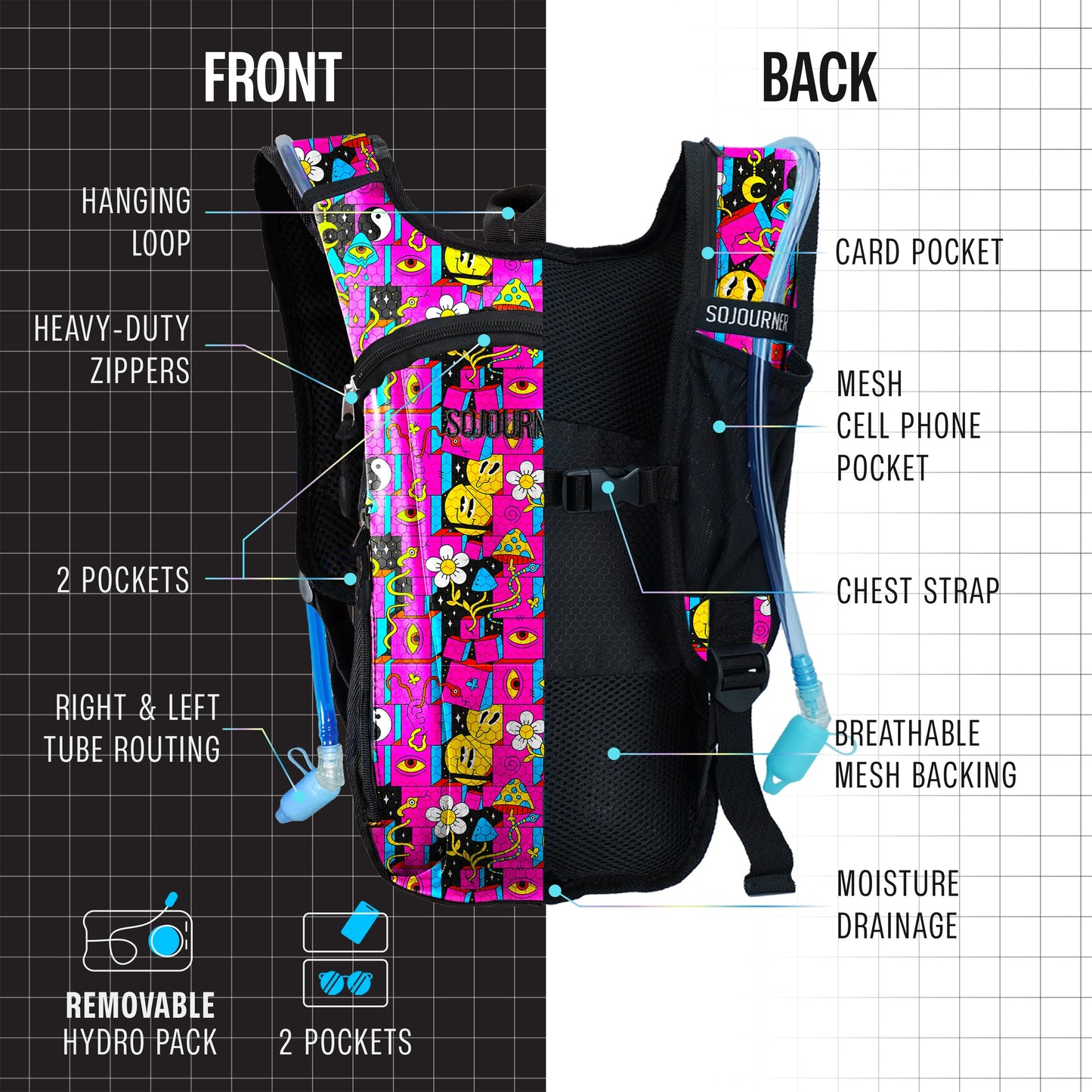 Momentum Hydration Pack - 2L Lightweight Festival Backpack - Select from Multiple Colors