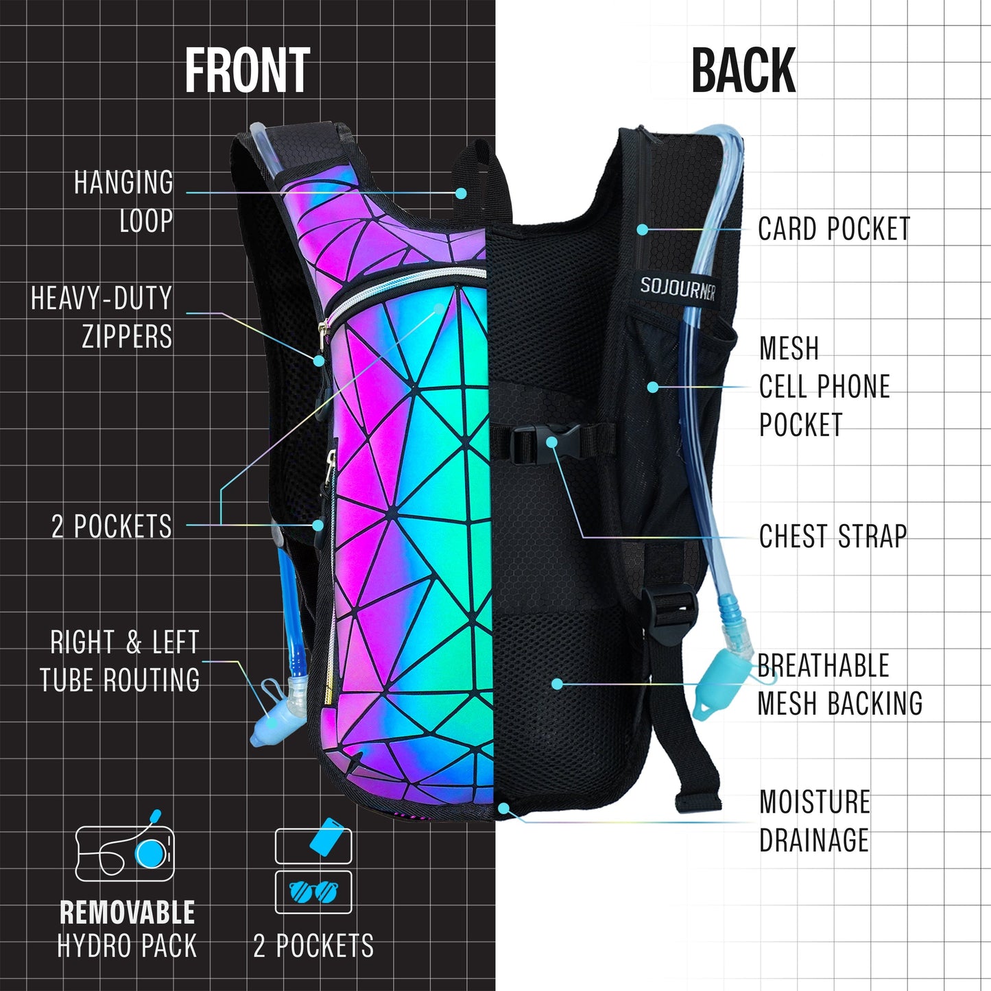 Momentum Hydration Pack - 2L Lightweight Festival Backpack - Select from Multiple Colors