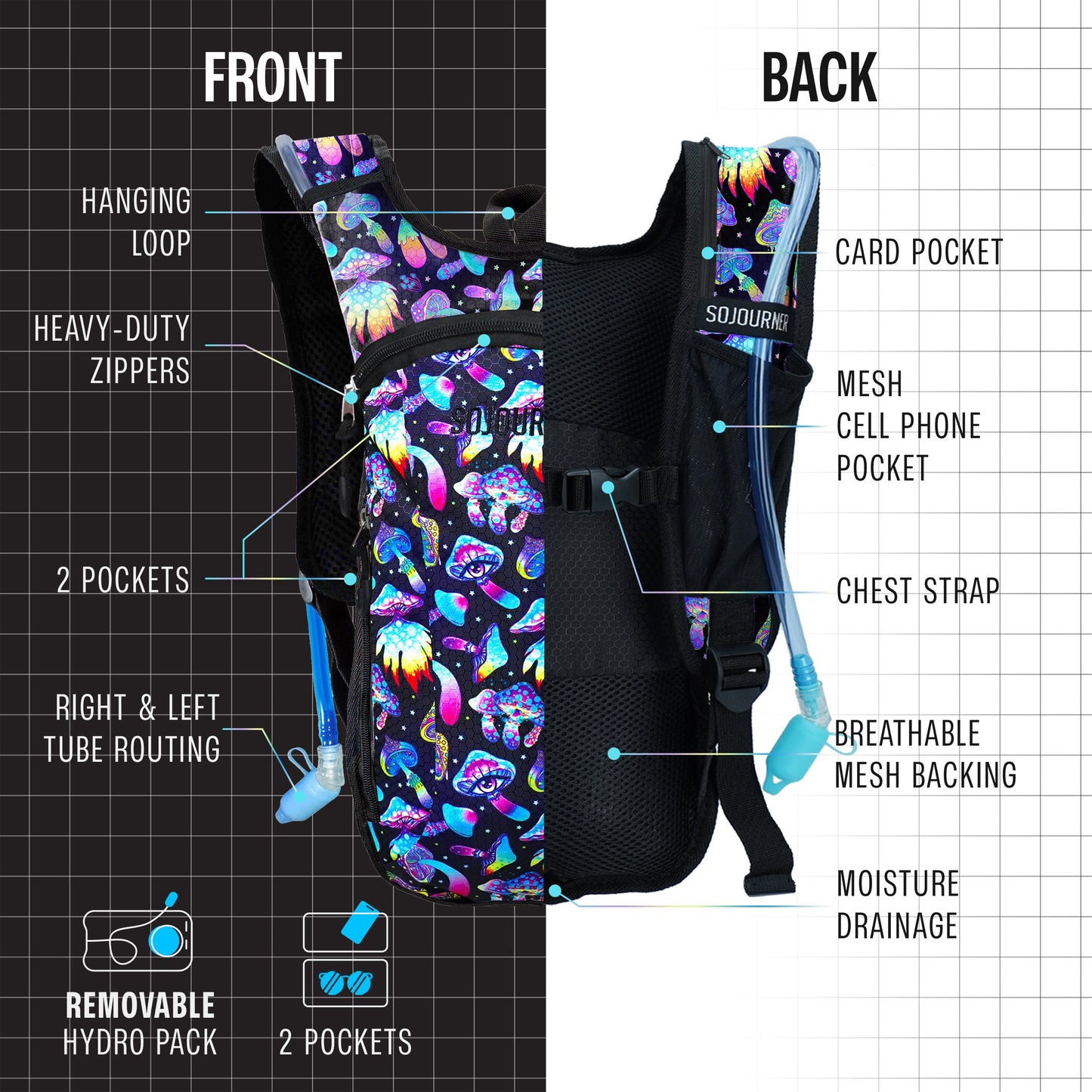 Momentum Hydration Pack - 2L Lightweight Festival Backpack - Select from Multiple Colors