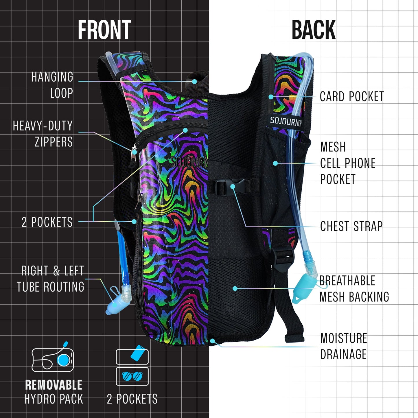 Momentum Hydration Pack - 2L Lightweight Festival Backpack - Select from Multiple Colors