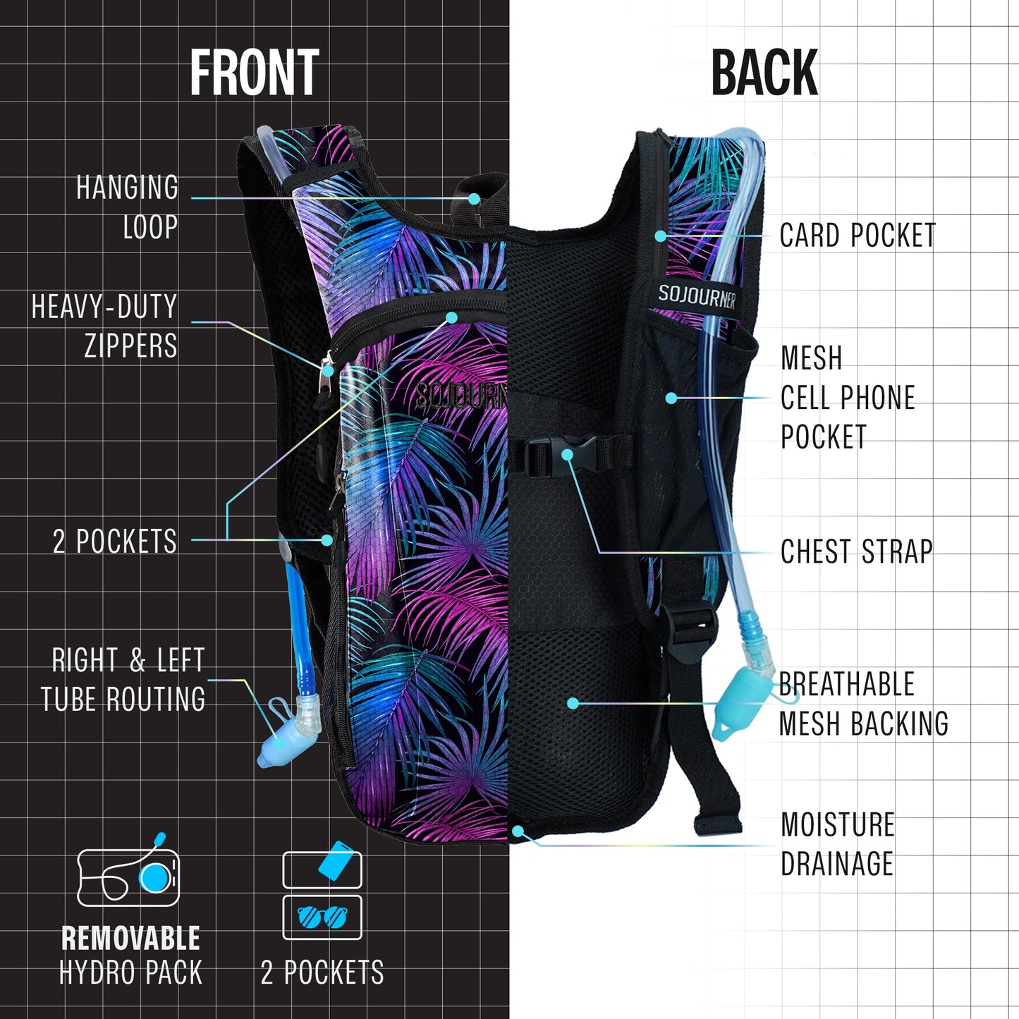 Momentum Hydration Pack - 2L Lightweight Festival Backpack - Select from Multiple Colors