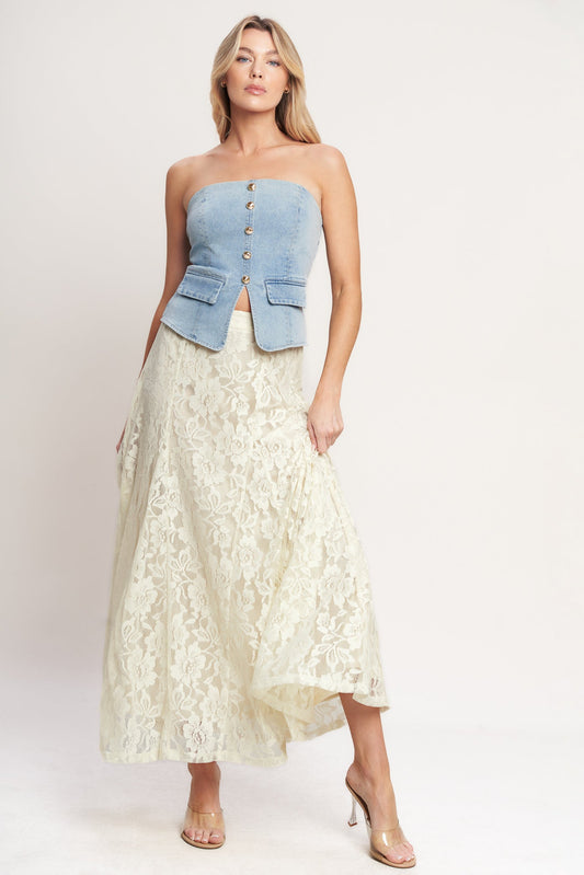 Ivory Lace Midi Skirt — Sheer Lace with Lining