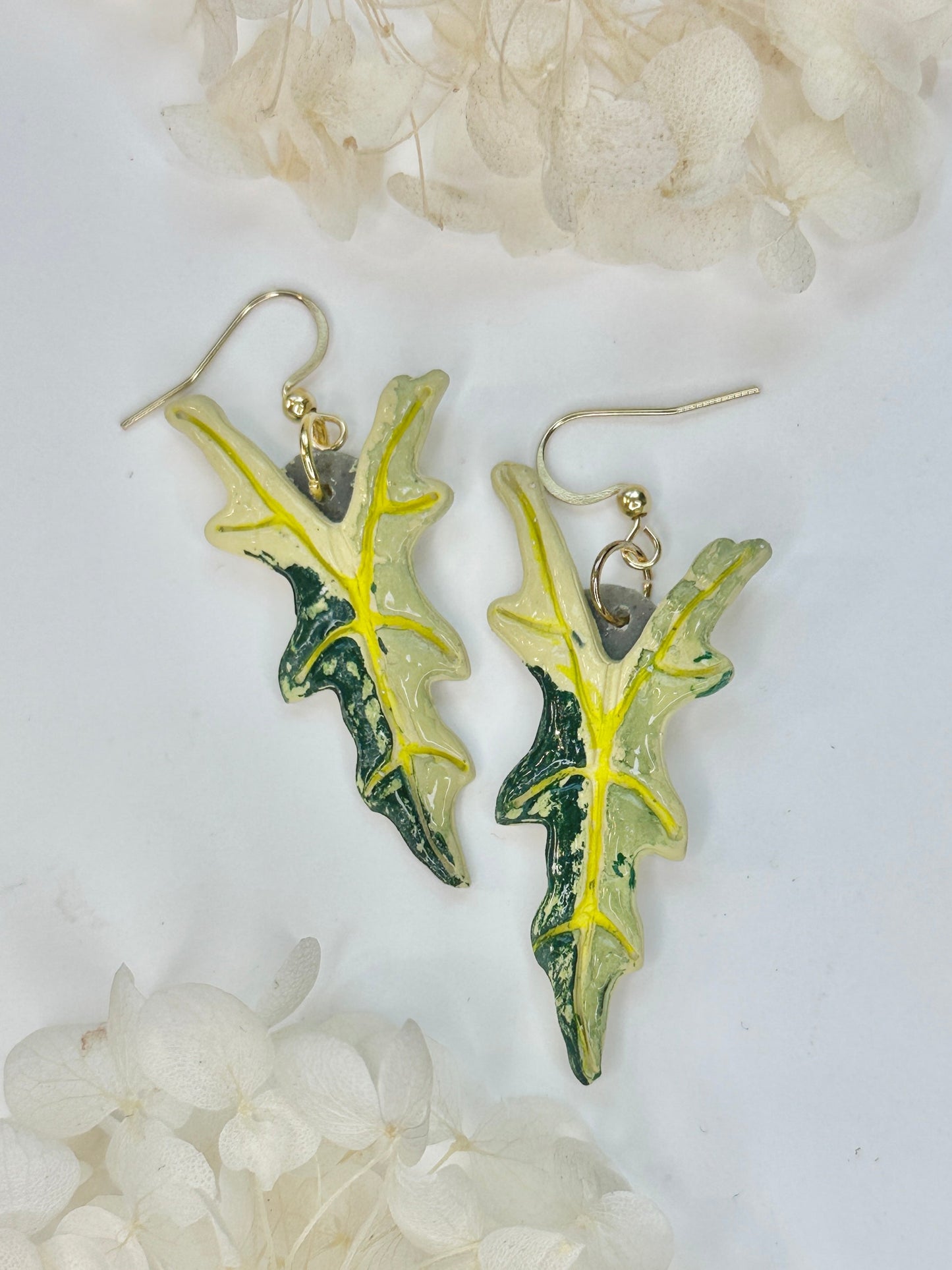 Golden Vein Leaf Drop Earrings — Alocasia Glow