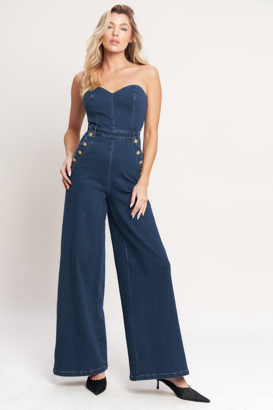 Strapless Sweetheart Denim Jumpsuit — Washed Blue