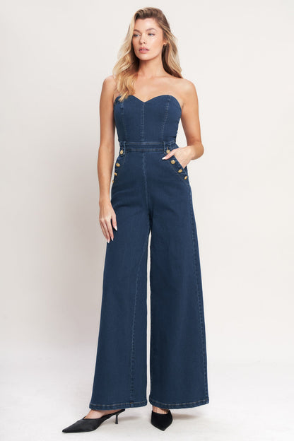 Strapless Sweetheart Denim Jumpsuit — Washed Blue