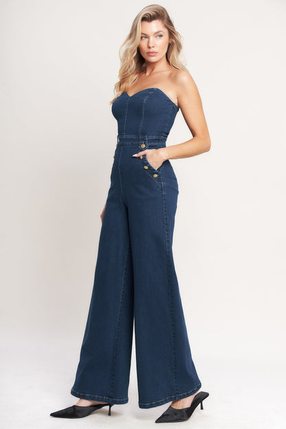 Strapless Sweetheart Denim Jumpsuit — Washed Blue