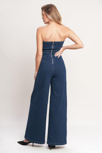 Strapless Sweetheart Denim Jumpsuit — Washed Blue