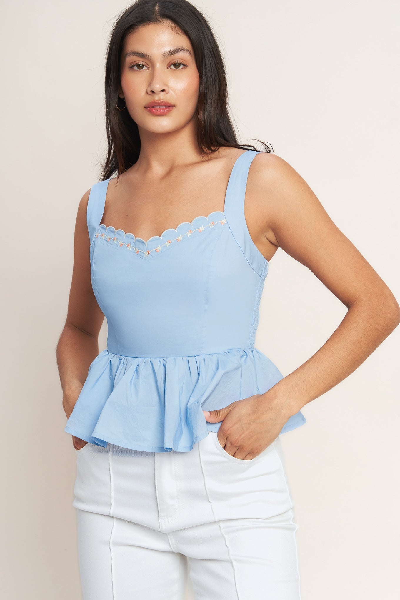 Bluebell Embroidered Peplum Top — Light Blue