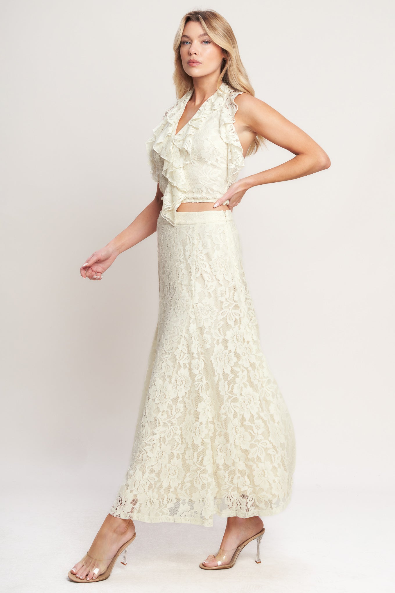 Ivory Lace Halter Top — Ruffle Tie Back