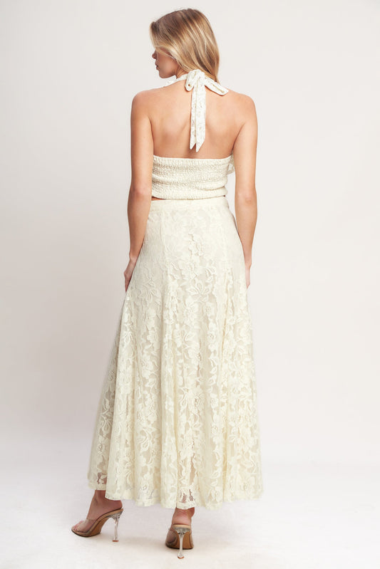 Ivory Lace Halter Top — Ruffle Tie Back