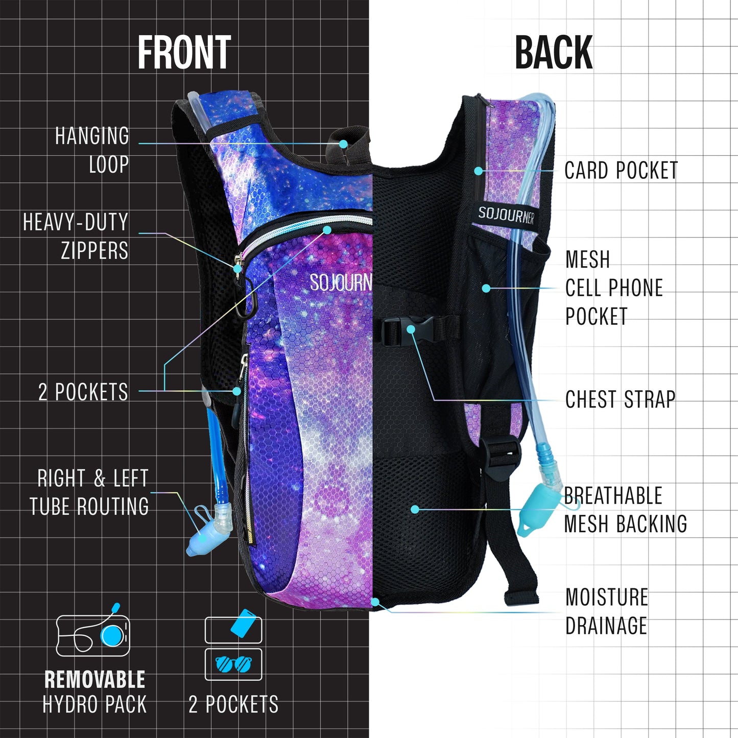 Momentum Hydration Pack - 2L Lightweight Festival Backpack - Select from Multiple Colors