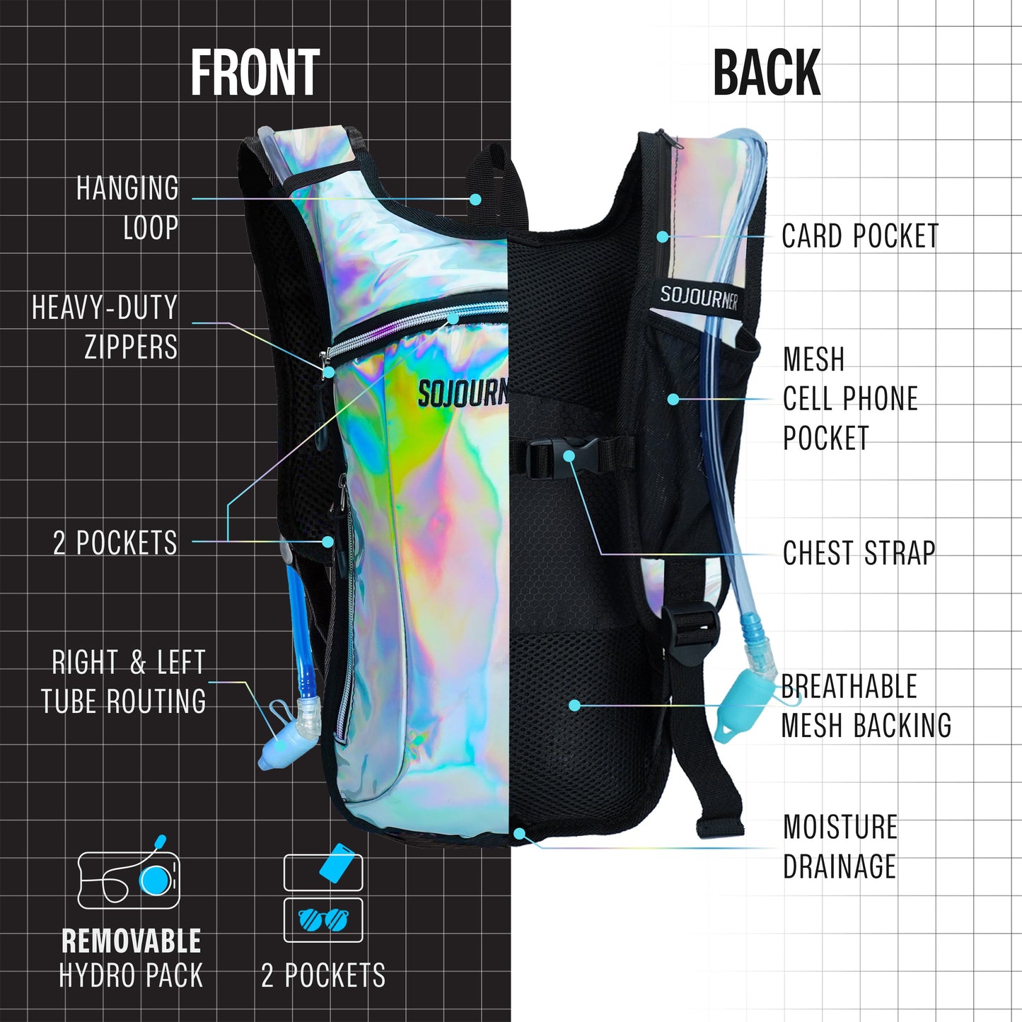 Momentum Hydration Pack - 2L Lightweight Festival Backpack - Select from Multiple Colors