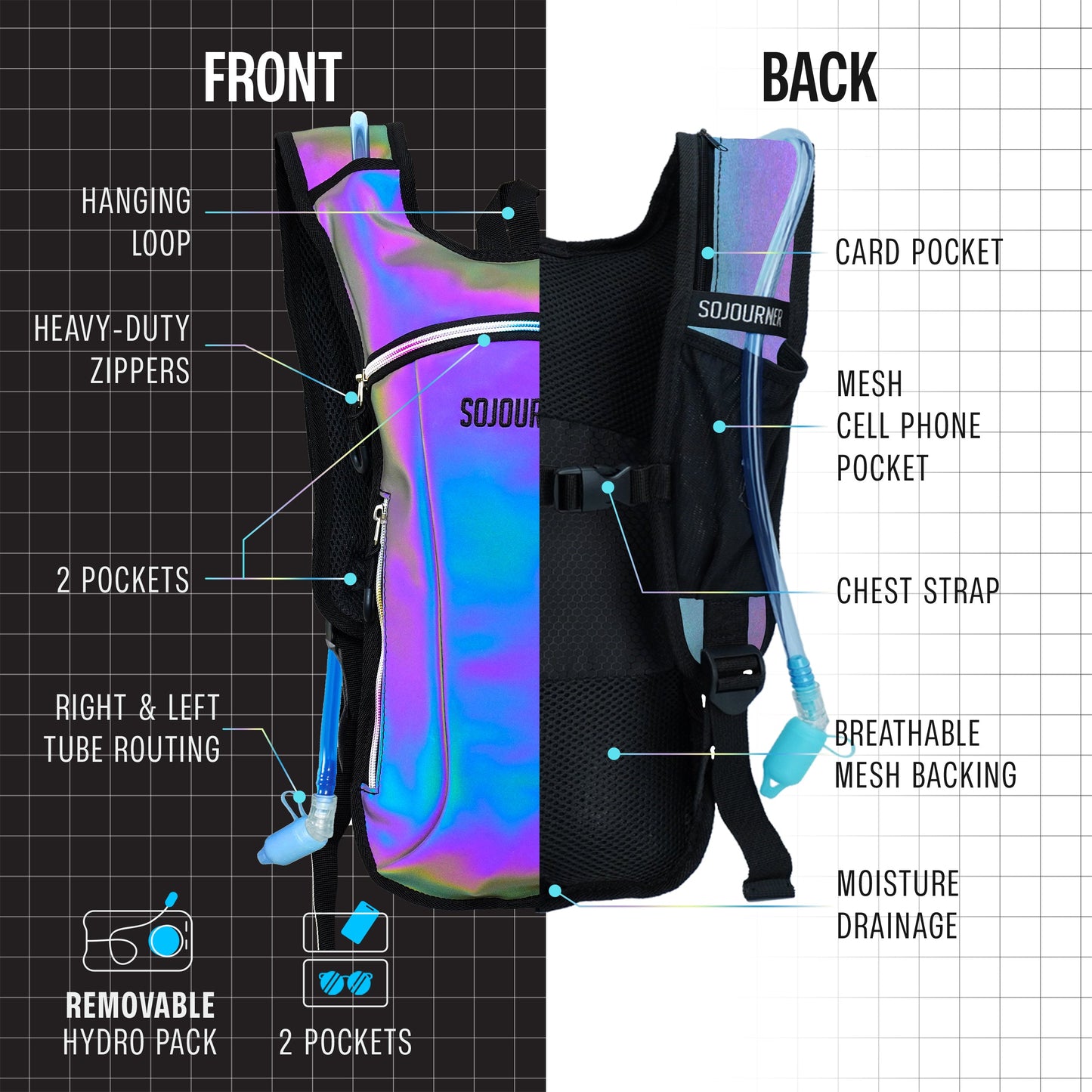 Momentum Hydration Pack - 2L Lightweight Festival Backpack - Select from Multiple Colors
