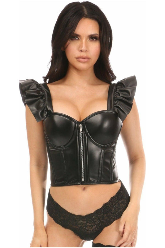 Lavish Faux Leather Bustier with Ruffle Sleeves — Black | Daisy Corsets