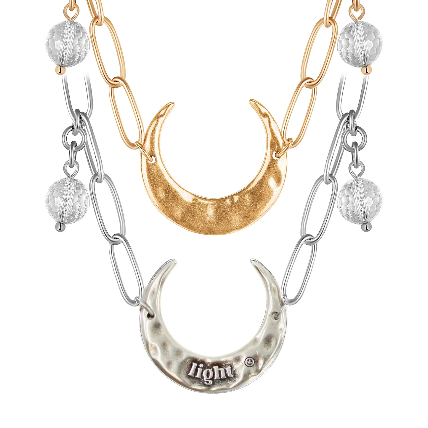 Crescent Light Long Chain Necklace — Quartz + Antique Gold or Silver