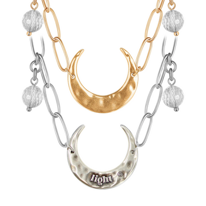 Crescent Light Long Chain Necklace — Quartz + Antique Gold or Silver