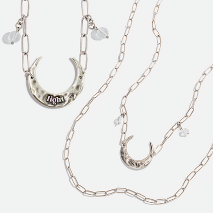 Crescent Light Long Chain Necklace — Quartz + Antique Gold or Silver