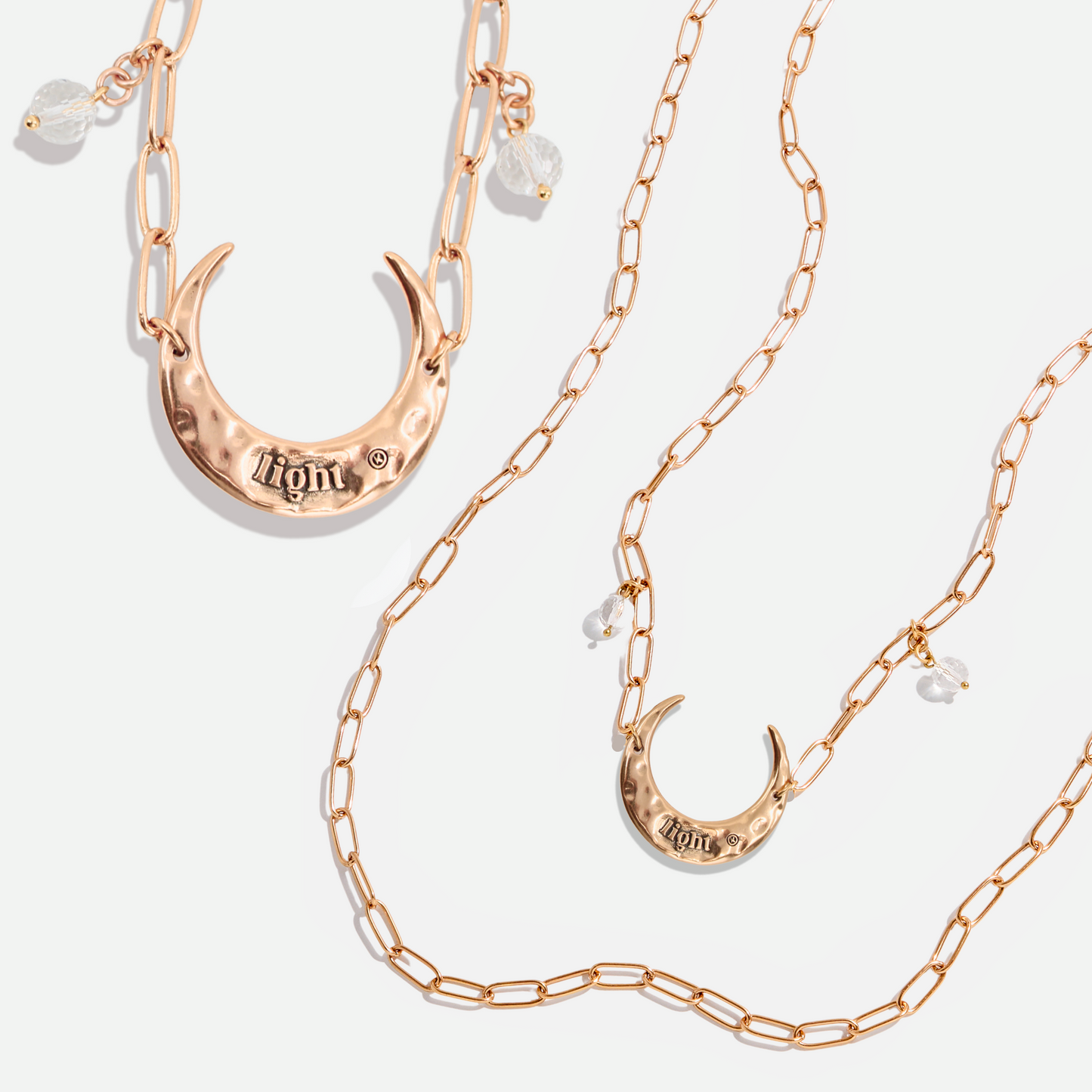 Crescent Light Long Chain Necklace — Quartz + Antique Gold or Silver