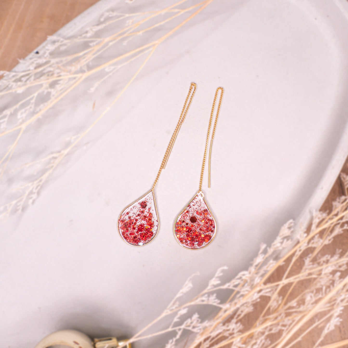 Liquid Spark Threader Earrings — Fire Red