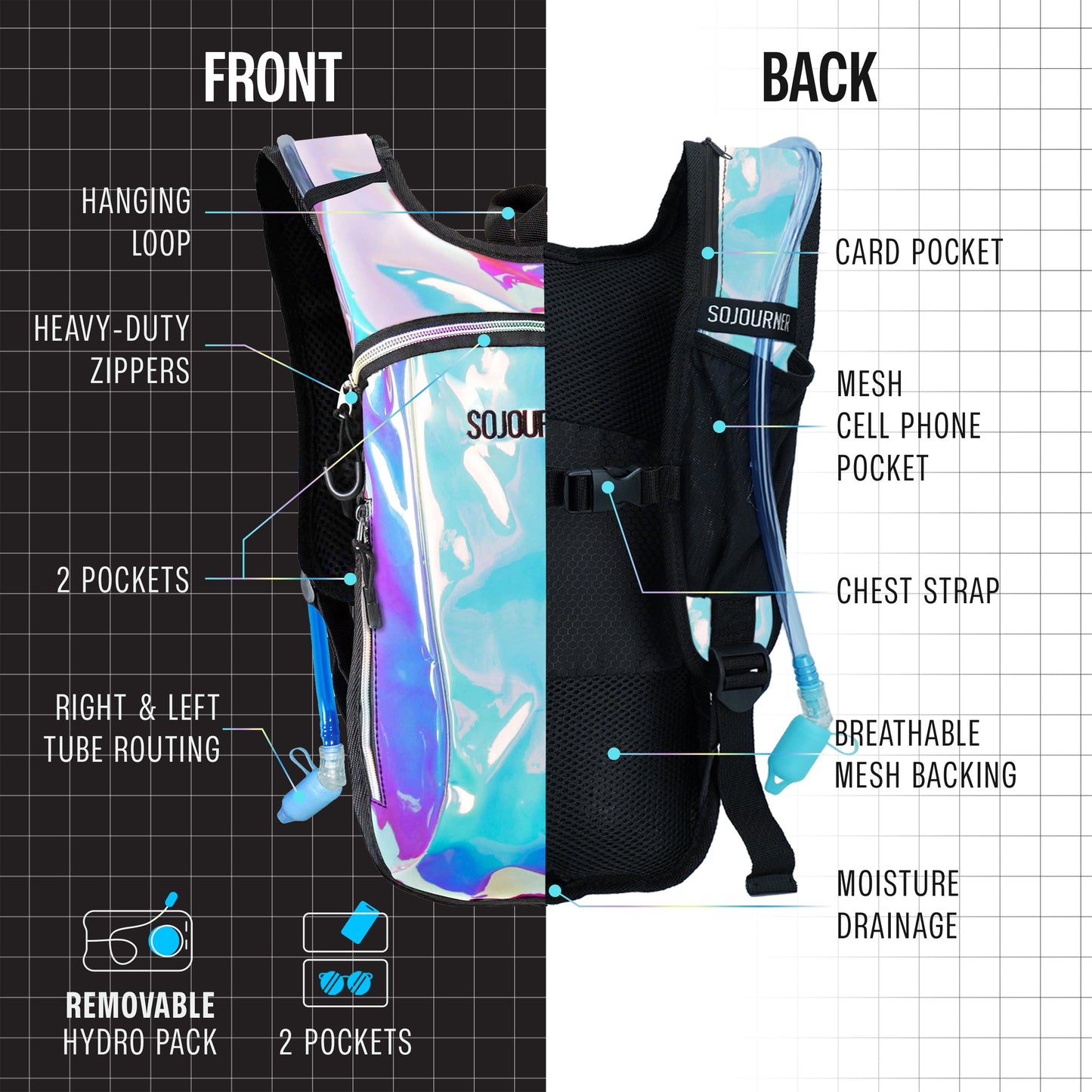 Momentum Hydration Pack - 2L Lightweight Festival Backpack - Select from Multiple Colors