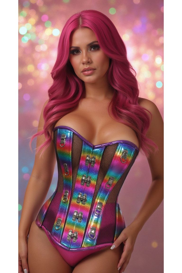 Holographic PVC & Fishnet Steel Boned Corset — Rainbow | Daisy Corsets