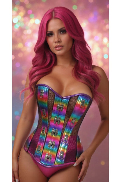 Holographic PVC & Fishnet Steel Boned Corset — Rainbow | Daisy Corsets