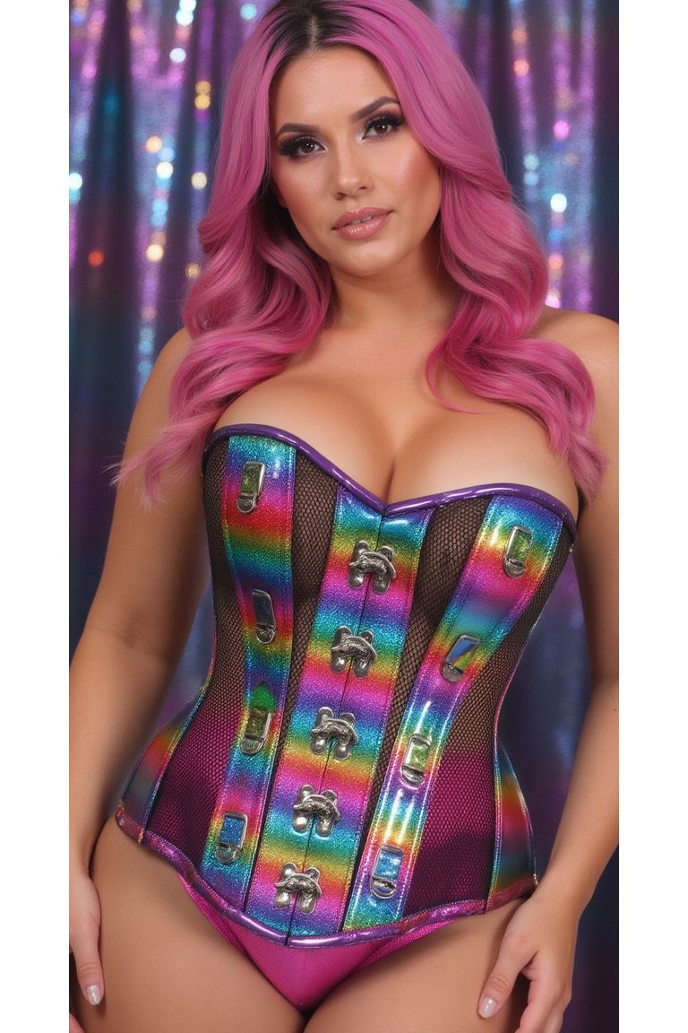 Holographic PVC & Fishnet Steel Boned Corset — Rainbow | Daisy Corsets