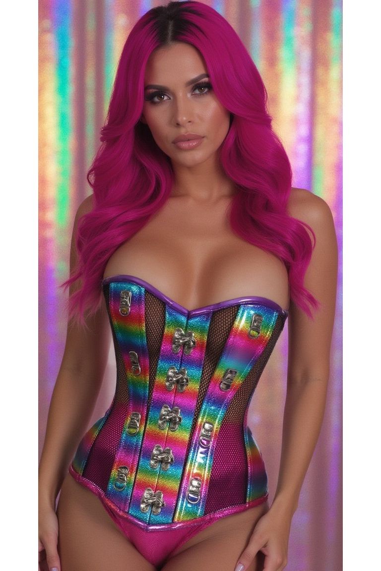Holographic PVC & Fishnet Steel Boned Corset — Rainbow | Daisy Corsets