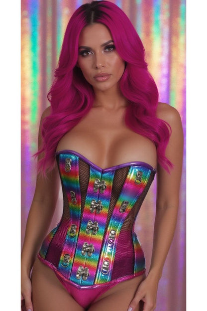 Holographic PVC & Fishnet Steel Boned Corset — Rainbow | Daisy Corsets