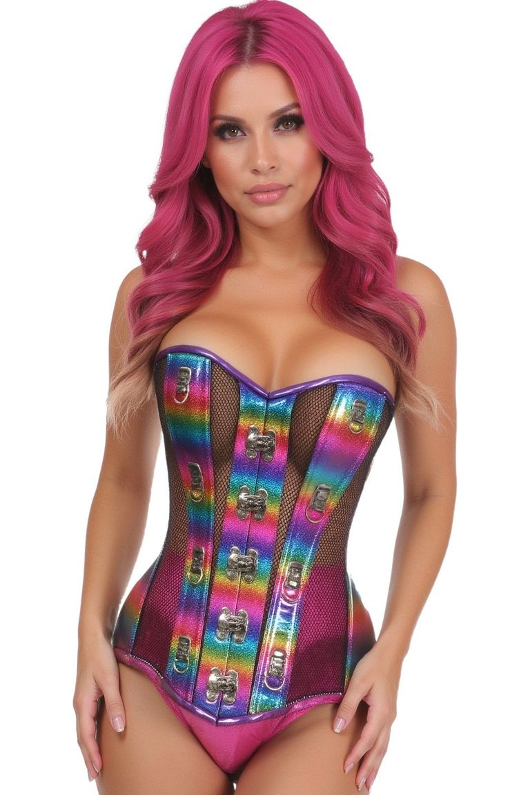 Holographic PVC & Fishnet Steel Boned Corset — Rainbow | Daisy Corsets