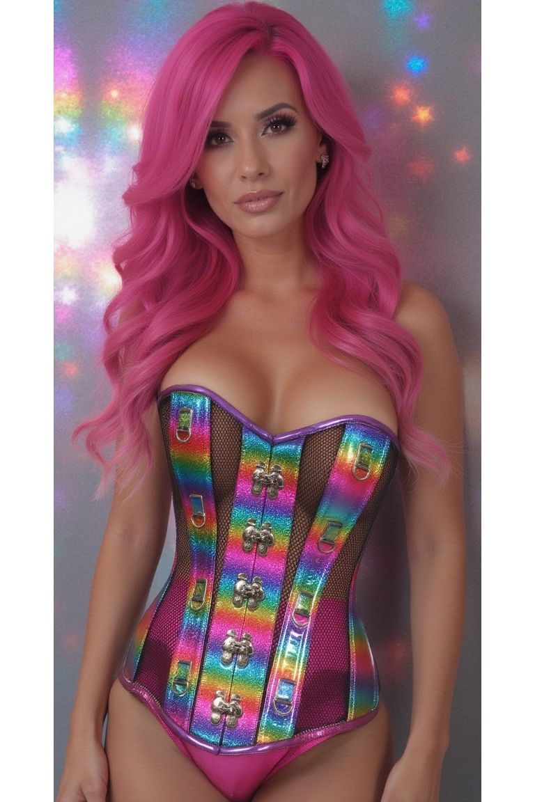 Holographic PVC & Fishnet Steel Boned Corset — Rainbow | Daisy Corsets
