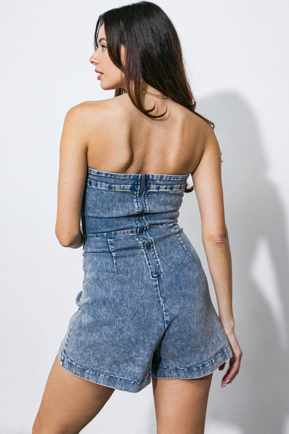 Washed Denim Twist Romper — Acid Wash